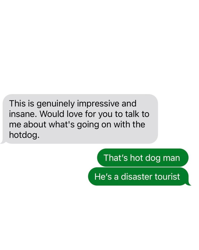 Screenshot of texts: this is genuinely impressive and insane. Would love for you to talk to me about what’s going on with the hotdog. Reply reads: that’s hot dog man. He’s a disaster tourist. 