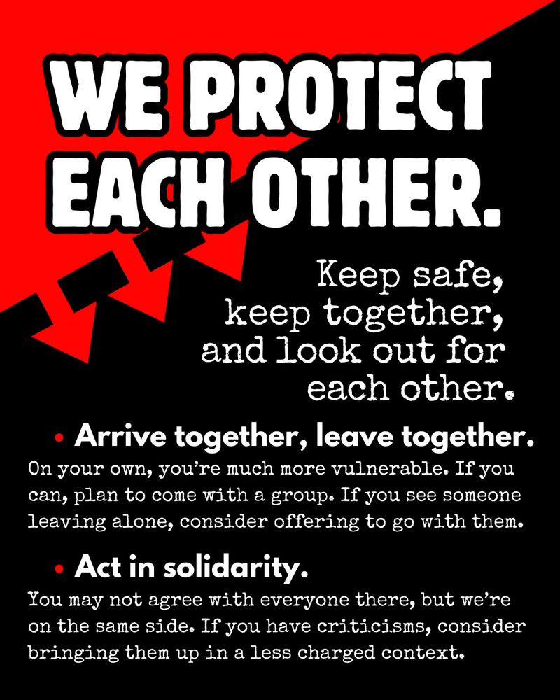 Text reads: WE PROTECT EACH OTHER. Keep safe, keep together, and look out for each other. Arrive together, leave together. On your own, you're much more vulnerable. If you can, plan to come with a group. If you see someone leaving alone, consider offering to go with them. Act in Solidarity. You may not agree with everyone there, but we're on the same side. If you have criticisms, consider bringing them up in a less charged context.