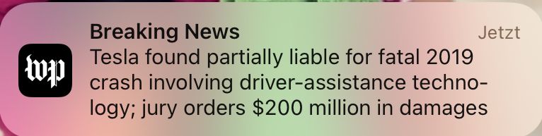 Washington Post breaking news pop-up saying: Tesla found partially liable for fatal 2019 crash involving driver-assistance technology; jury orders $200 million in damages