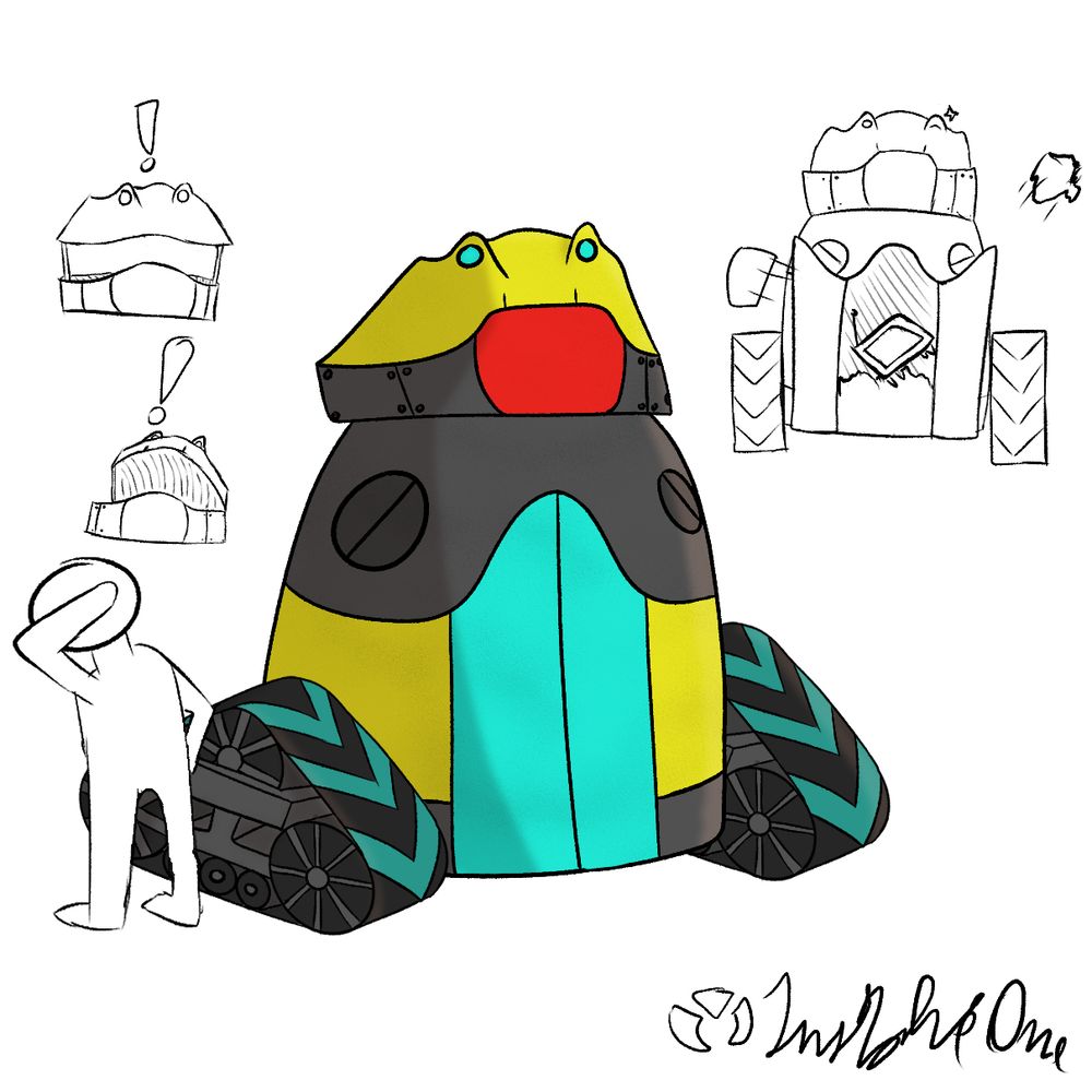 Concept Art for a game titled 'Way Forger', illustrating a frog like machinery meant for trash and debris transportation. Large and rather bulky, it moves via treads, similar to those found on tanks. Ontop of their large body is a frog-like head, able to open up whenever alarmed. In the front there seems to be some sort of door, out of which they can spew out trash!