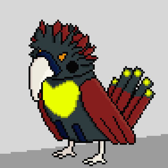 A robotic, muddy looking bird with a glowing warm chestpiece. With a curved beak and a feather crown adorning the forth and backtilting head, the so called Scrapper gains a somewhat wild and predatory look. Glowing orange eyes, giving of a heated stare, glare without iris.