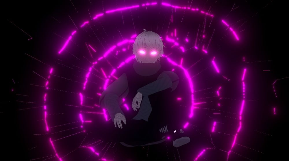 Screenshot of a render. Infront of a cracked background, through which pink alien light emits, sits a character called 'The Instable One', gazing into the camera
