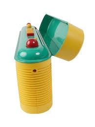 The yellow tape decks shot from the side. You can see the narrow, elongated design and it has a yellow flip top lid.