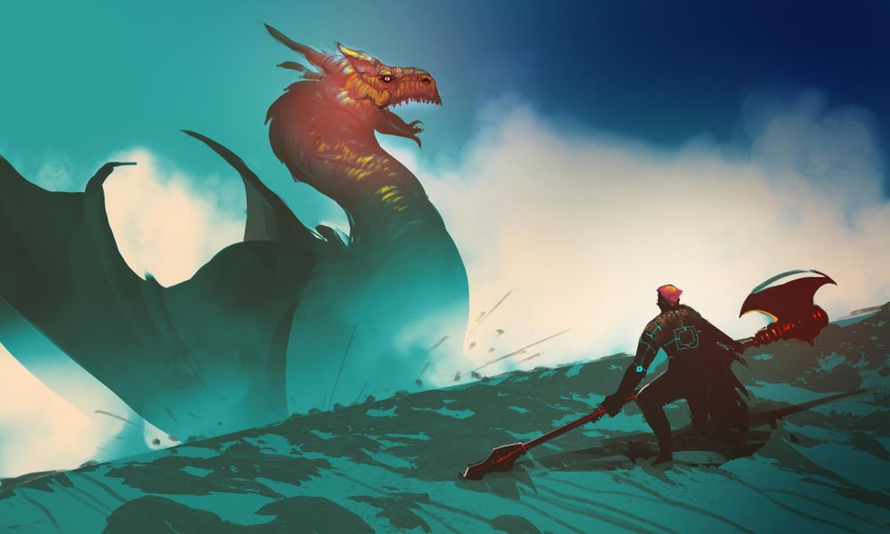 A huge dragon against a fantasy hunter wielding a magic axe. Art by SimpleB