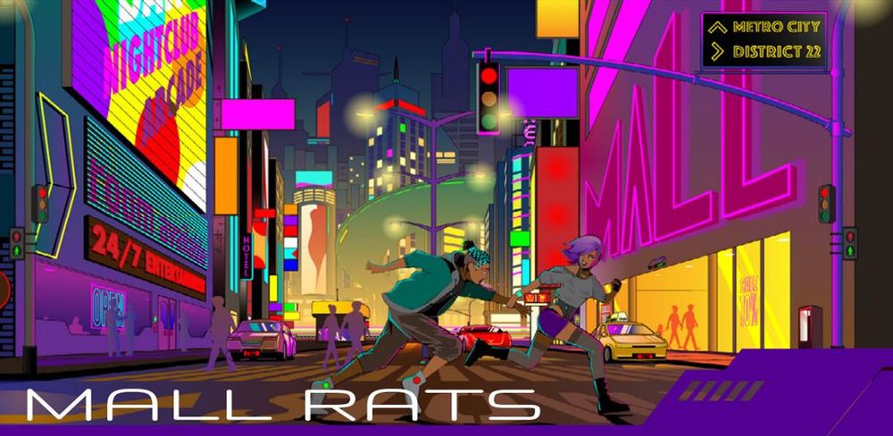 Art from Cypher Shorts: Sci-Fi Shorts vol. 2 by Underground Oracle Publishing. It features two people running across the street of a neon-lit cyberpunk backdrop. Art by Zdenek Sasek. Graphic design by Chris Hopper. 