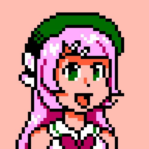 Pixel art of a pink haired girl wearing a green beret.