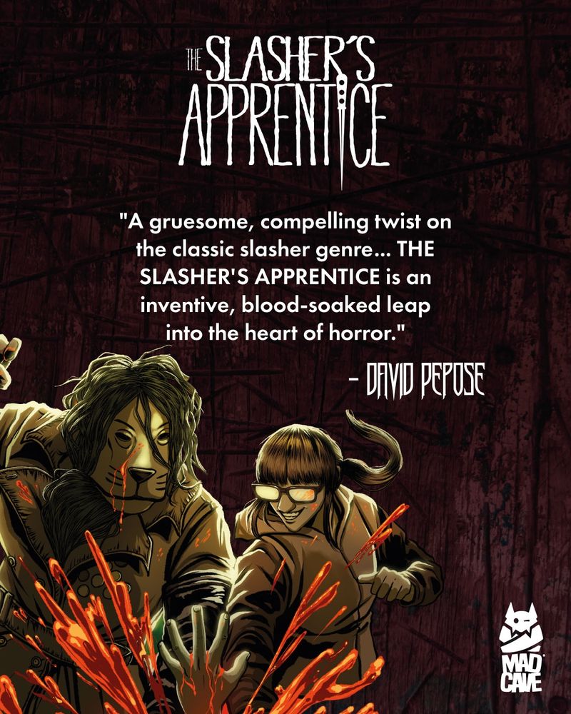 A quote about my new book THE SLASHER'S APPRENTICE with a picture of 2 slashers reaching down while a hand reaches up for help.