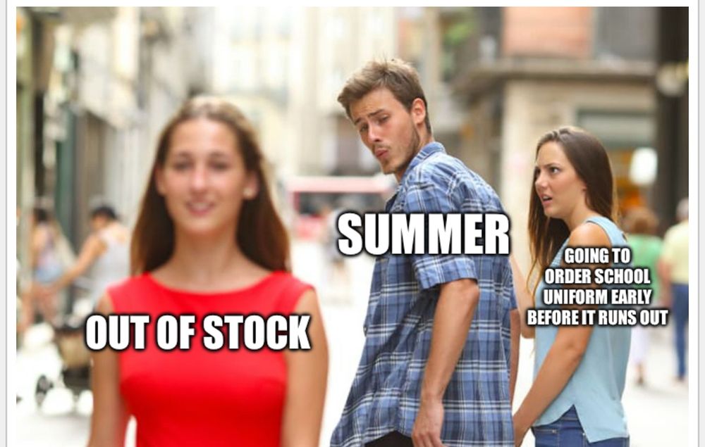 Distracted boyfriend meme on running out of school uniform