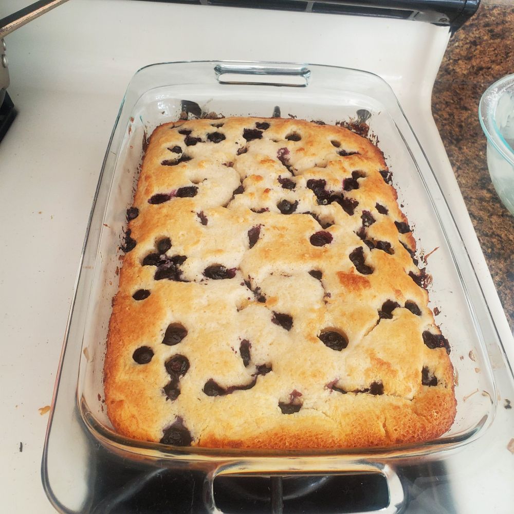 A pan of fresh Texas-style blueberry cobbler, very golden with lots of blueberries peeking through.