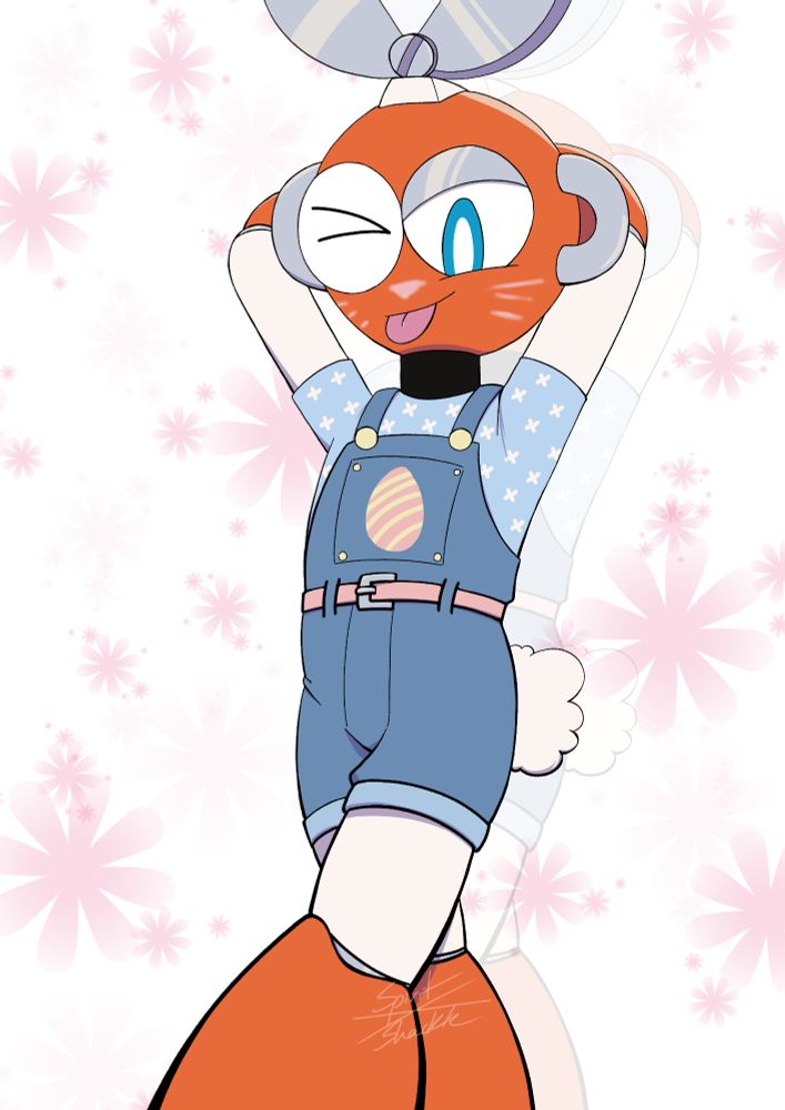 Cut in a cheeky pose, arms behind his head. Wearing denim overalls with a egg stitched on the chest. Wearing a bunny tail and has a nose and whiskers painted onto his face.