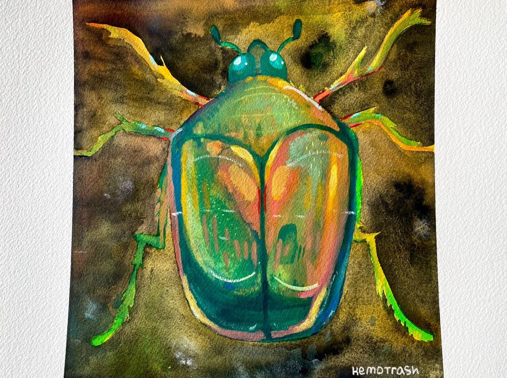 a gouache painting of a junebeetle. its just a little guy.