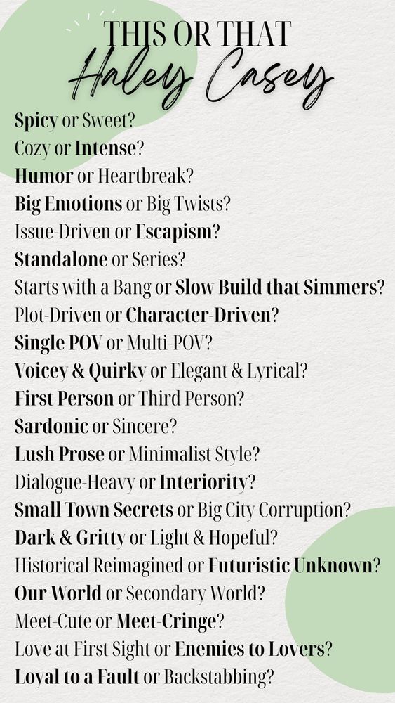 Title says "This or That: Haley Casey" at the top, followed by a list of questions such as "Spicy or Sweet" and "Humor or Heartbreak" with one answer in bold for each. Black text against a cream background with pale green shapes.