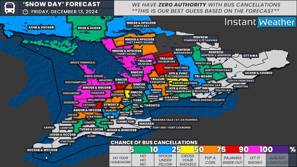 Map of southern Ontario with forecast categories based on the likelihood of a snow day for schools. Categories range from “do your homework” to “cross your shovels” to “let it snow”