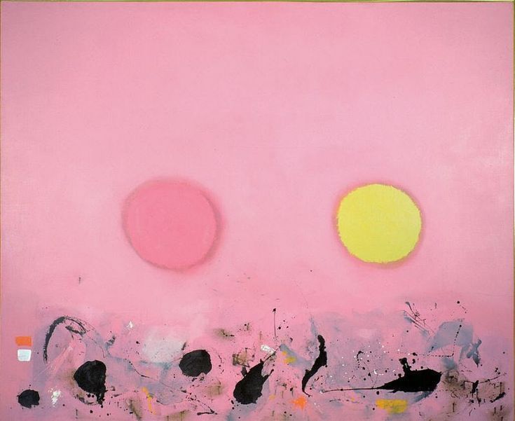Adolph Gottlieb,  1963, Two Discs, oil on canvas — painting. Two orbs, pink at left, yellow on right, hover above a splattery, smeary ground with various colors: black, white, grayblue, red, yellow. Background is pink, lighter pink than the pink orb
