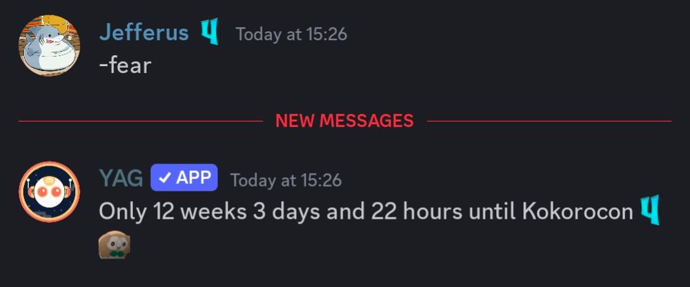 A discord screenshot of the -fear command showing there is only Only 12 weeks 3 days and 22 hours until Kokorocon 