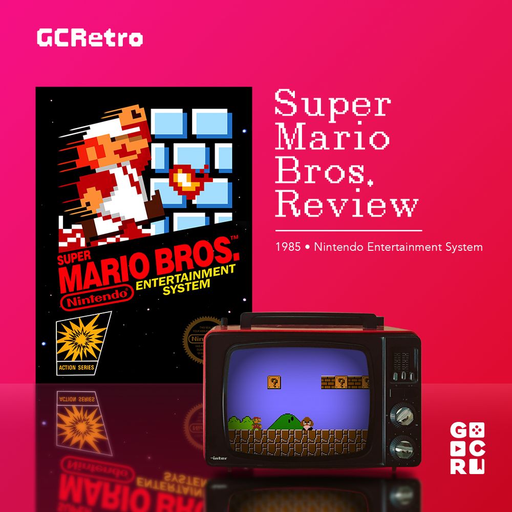 GCRetro. Super Mario Bros. review for the Nintendo Entertainment System released in 1985. Image features the box art for SMB and a screenshot of world 1-1 playing on an old television.
