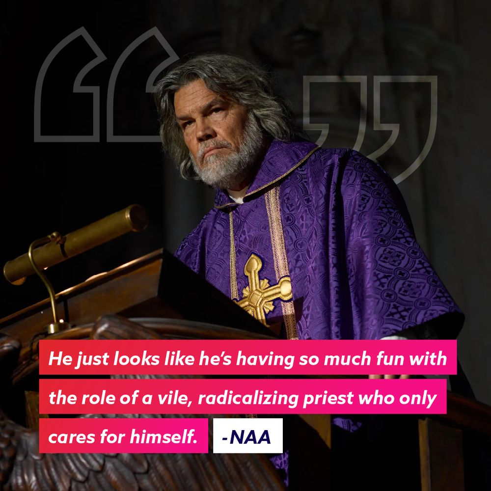 Four characters stand inside a dimly lit church, looking upward with serious expressions. A quote reads: “As with every entry in this franchise, the cast is stellar. – NAA."