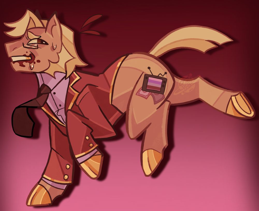 Digital drawing of a character in a red suit jacket, mahogany tie, pink shirt, and blonde hair depicted as a my little pony horse.