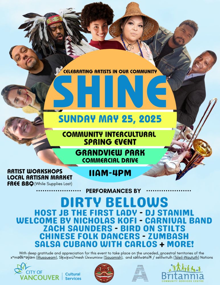 Poster for the SHINE Community Intercultural Spring Event - featuring photos of a number of people from different cultural backgrounds surrounding event info (which is available in this post and the linked post on DABC's blog)