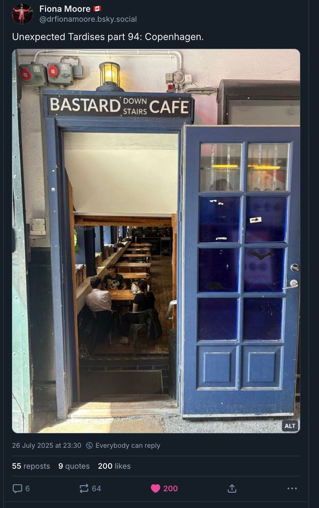 Post from Bluesky by Dr Fiona Moore of a cafe in Copenhagen with a TARDIS-like door, named Bastard Cafe. 