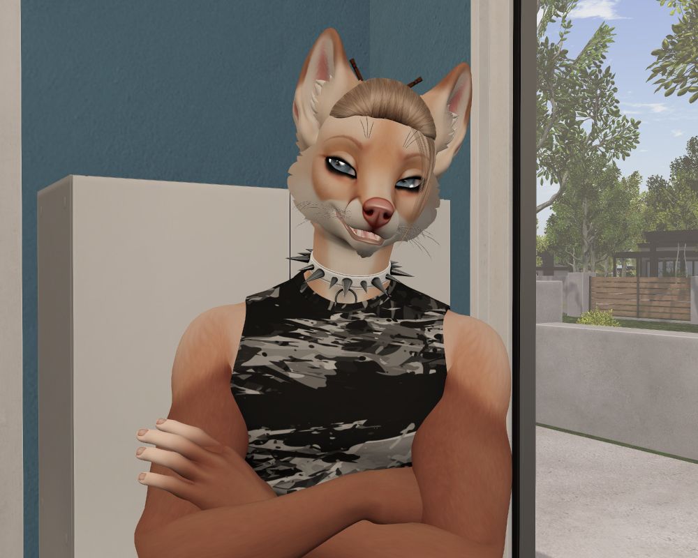 A furry fox man that looks very similar to the furry fox lady that runs this bluesky account. His blonde hair is pulled back, fastened by hashi and he is wearing a sleeveless black and gray shirt and a white spiked collar. He's wearing the BOLD version of Perfect Paws FH Vulpine Guyliner makeup.