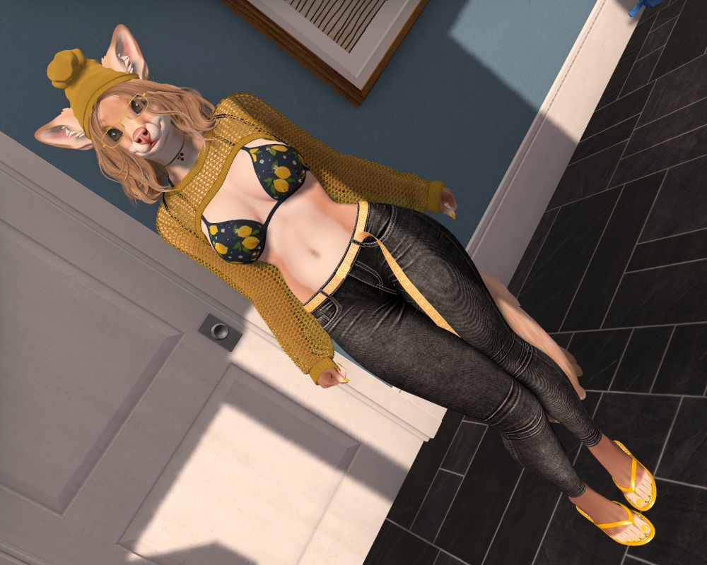 A furry fox lady standing cutely in her hallway wearing a casual summer outfit of skinny jeans, a bikini top, flip flops, and a crochet shrug top.