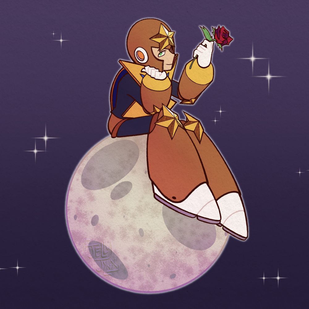 A digital drawing of Star Man. His head is tilted to the right. He looks at the camera while sitting on a mini moon. He's resting his head on his right palm. He holds a rose in his left hand. His legs slightly dangle off the moon. There is a purple gradient in the background with a few sparkles.