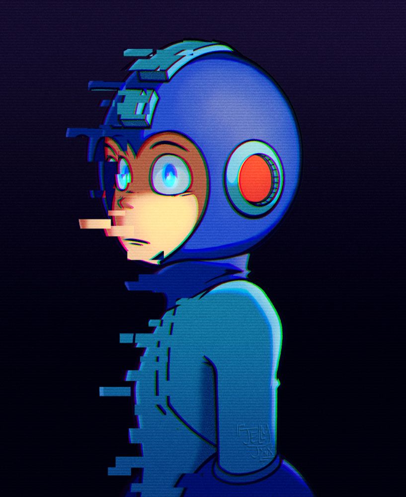 A digital drawing of Mega Man. The image is cut off at around the waist. He stands facing left, with his head slightly turned to the camera. His eyes are glowing and has a blank expression. There is a glitch effect on his left side. There's a grain, scanlines, and chromatic aberration effect on the image.