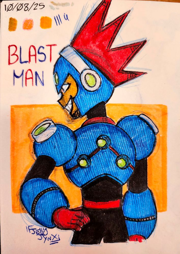 A traditional drawing of Blast Man. He is standing with his right hand on his hip and is looking to the left.
