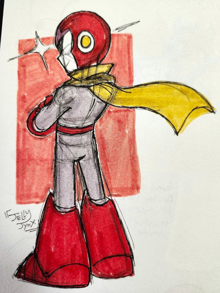 A traditional drawing of proto man. He is standing with his back towards the camera, looking back with a small smile. His scarf is flowing, and his arms are crossed.