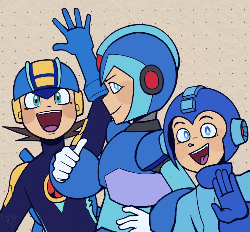 A digital drawing of classic Mega Man, X, and Megaman.exe. Rock is on the far right waving and smiling at the camera. X is turned to the side with a smile and giving a thumbs up, and his other hand on his waist. Exe is facing directly towards the camera, smiling and waving.