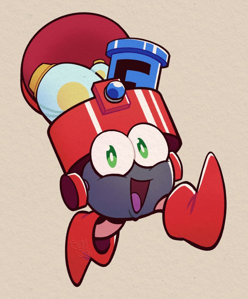 A digital drawing of Eddie from Mega Man. He is in a running pose and smiling at the camera. His top is open and he has an E-tank and 2 weapon energies inside.