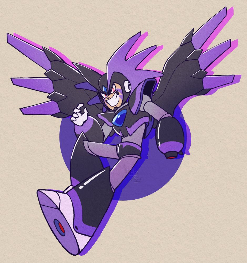 A digital drawing of Super Bass. He has a wide grin and is looking towards the camera. One knee is up, while his other leg is stretched out. His wings flare out behind him. His left arm is his buster, while his other hand is in a claw like pose.