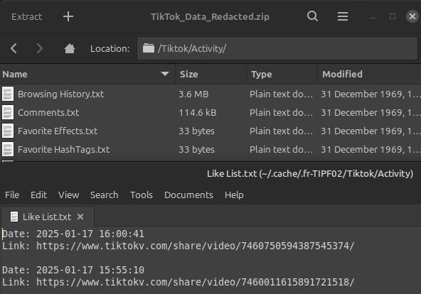 Screenshot of a tiktok data export .zip with an opened Like List.txt showing most recent activity ending 1/17/2025