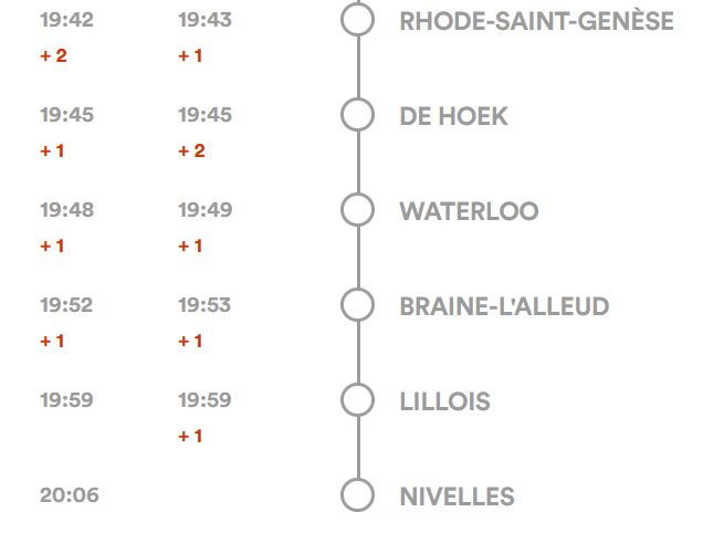 19:42
+ 2
Départ à 19:43
+ 1
De
RHODE-SAINT-GENÈSE

Arrivé à 19:45
+ 1
Départ à 19:45
+ 2
De
DE HOEK

Arrivé à 19:48
+ 1
Départ à 19:49
+ 1
De
WATERLOO

Arrivé à 19:52
+ 1
Départ à 19:53
+ 1
De
BRAINE-L'ALLEUD

Arrivé à 19:59
Départ à 19:59
+ 1
De
LILLOIS

Arrivé à 20:06
De
NIVELLES
