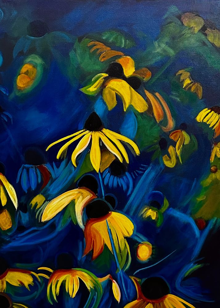 ChatGPT said:
A vibrant, abstract painting of yellow coneflowers with dark centers set against a swirling, deep blue and green background. The flowers appear to float and bend in various directions, giving a sense of movement and depth. 