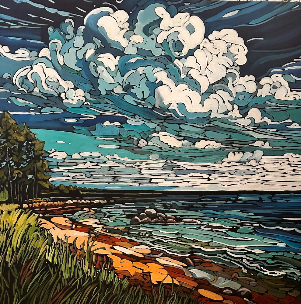 The image depicts a stylized landscape with vibrant colors. The foreground shows a rocky beach with grass growing along the shore. The sea is calm, with waves gently rolling over the rocks, in shades of blue and green. The sky above is filled with dramatic, swirling clouds in shades of white, light blue, and dark blue, creating a dynamic, textured feel. The overall style is bold and graphic, with strong outlines and contrasting colors.