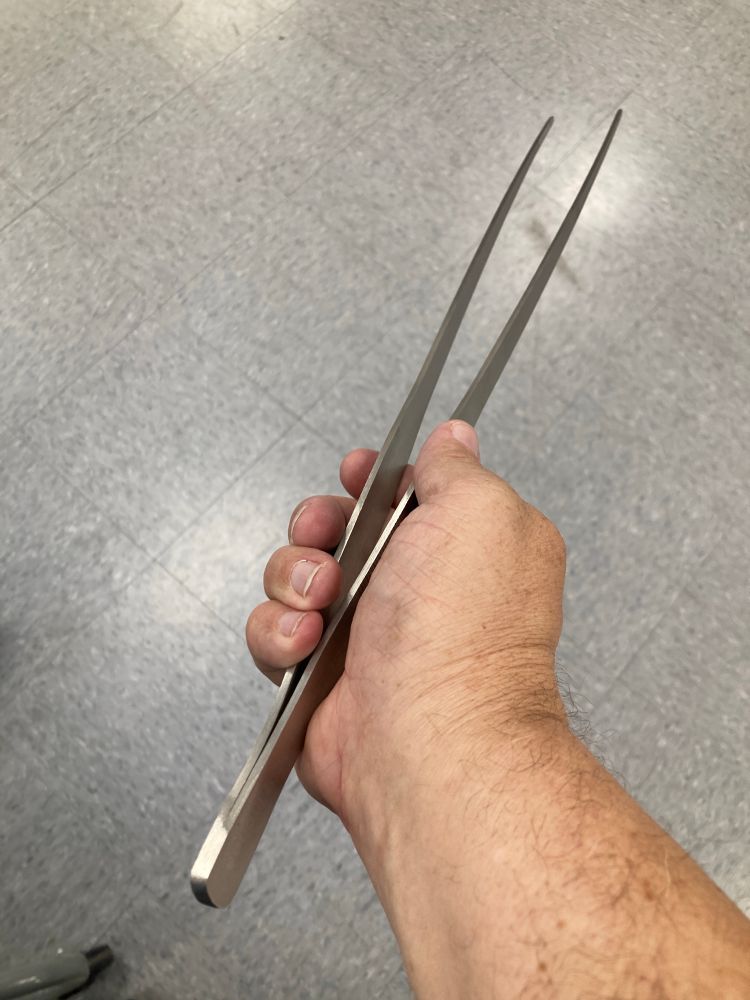 An 18” pair of metal tweezers.