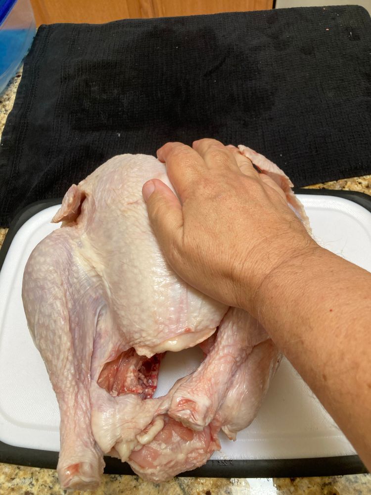 A man’s hand about to put a serious hurt on a turkey.