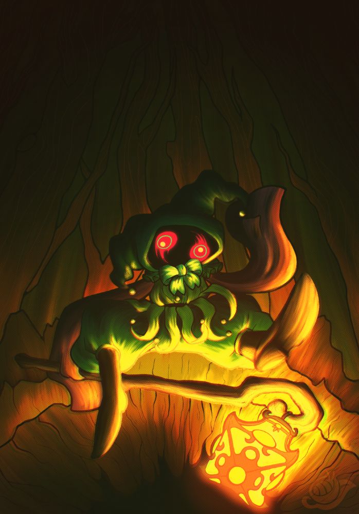The scene is dark, and irregular shaped trees tower overhead. The camera angle is exaggerated and low, focusing on Red, a Poe from the Legend of Zelda series. Red sits upon a hollow fallen log, kicking their feet gleefully. They wear a green outfit that is almost jester-like in appearance, with a bow at their chest, two tails on their hat, and puffy dark green pants. Their arms are purple and scarf-like, and one is raised by their head. The other grasps a long gnarled stick. At the bottom of the stick there is a brightly glowing lantern- the sole light source for the artwork. It provides a dramatic harsh yellow light to the scene.