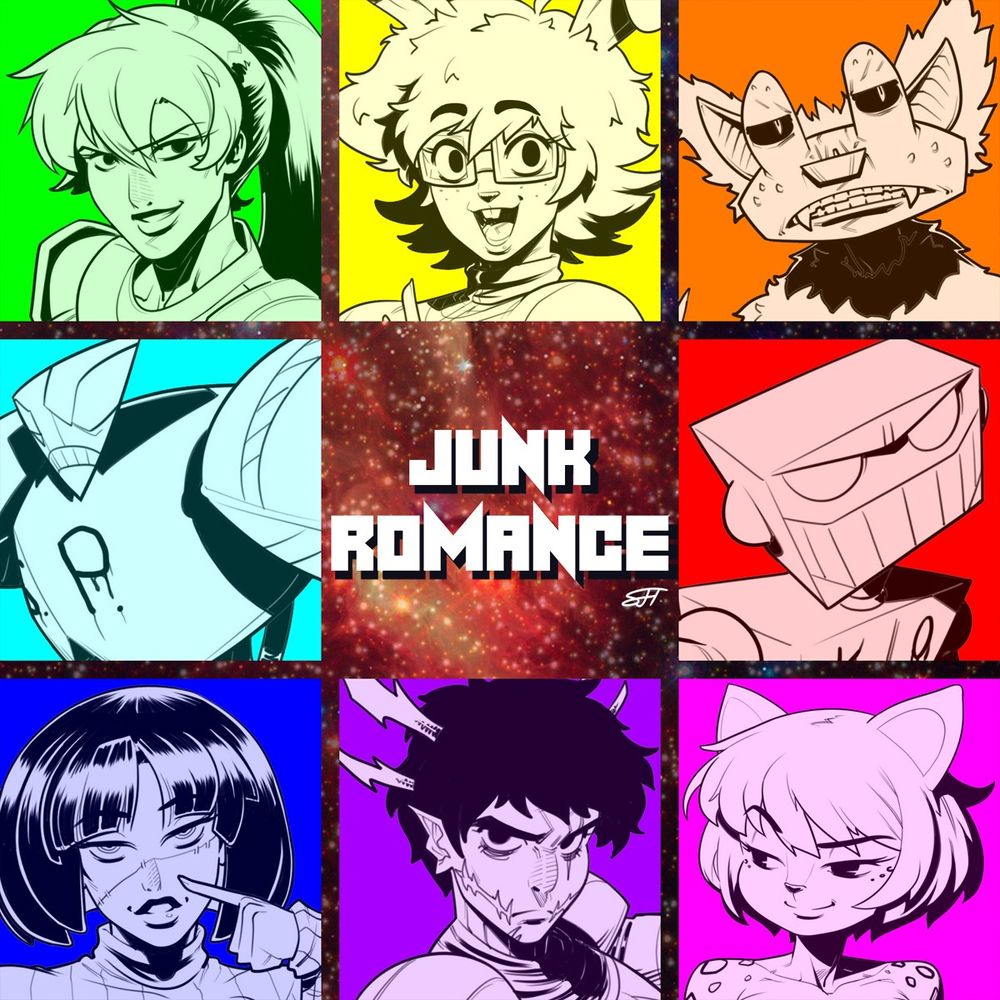 Promotional image of main characters involved in the sci-fi story: Junk Romance!