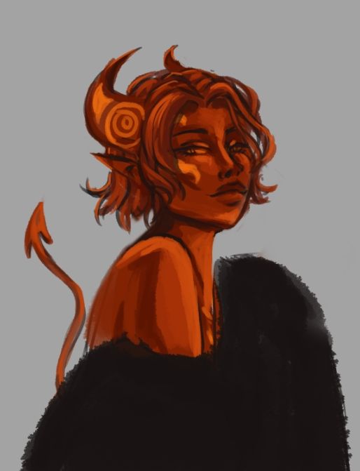 Red Tiefling, Avon, looking over her shoulder to the viewer. She has a moon tattoo on her horn, which goes to her cheek. 
She wears a furred coat to cover her torso. 
