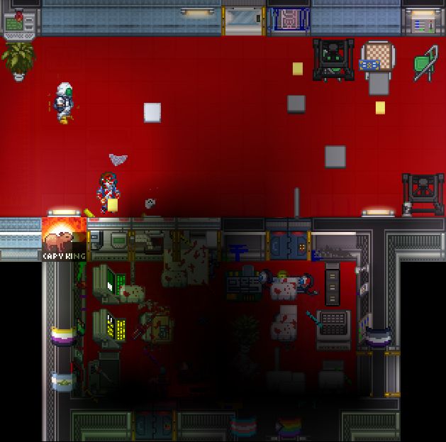 A Space Station 13 screenshot from the Goonstation server, with a top down perspective. At the top is a hallway with a floor covered in blood, multiple pieces of metal and junk across the floor, and a stinky scientist and staff assistant. Below the hallway is a Head of Personnel's office, which is also covered in blood, has multiple pride flags on every wall, and a large amount of trash and junk covering the floor. The doors to the office are walled off or bolted shut, with no way to enter.