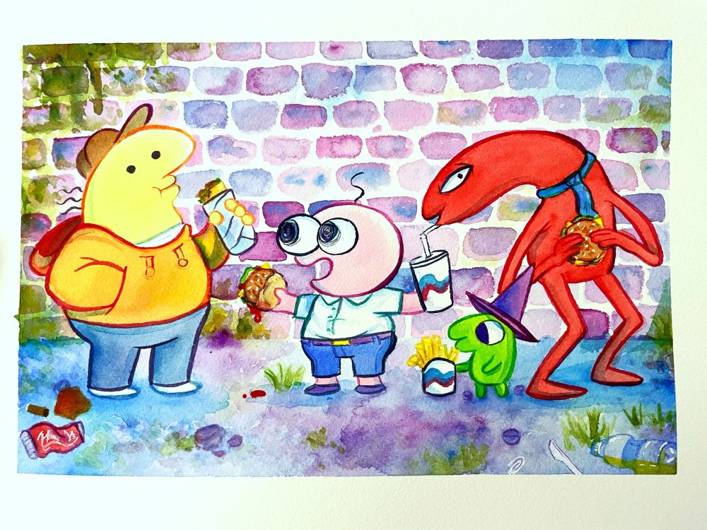 smiling friends eating in a purple alley. charlie eating a burrito, pim eating. burger, glep got fries and allan stealing a sip of soda 
