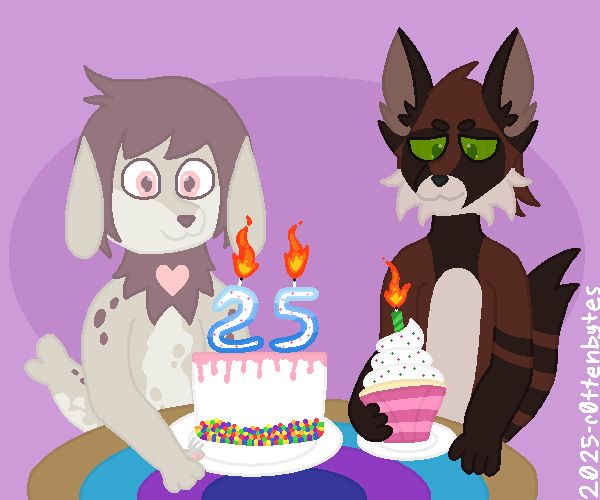 digital art of two furry characters sitting at a table looking at birthday cakes.