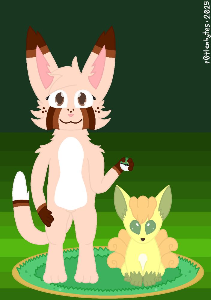 an anthropomorphic cat is standing while smiling on the grass with a pokeball in hand. there's a fox pokemon vulpix (shiny) sitting besides them.