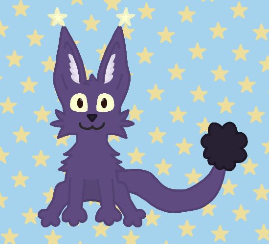 a fluffy purple feline that's sitting down and smiling, the background is blue and decorated with yellow stars.