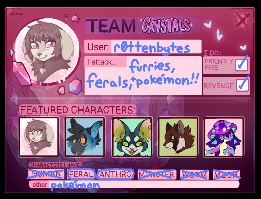the image is a profile card for the website art fight. it includes information and shows off a few characters.