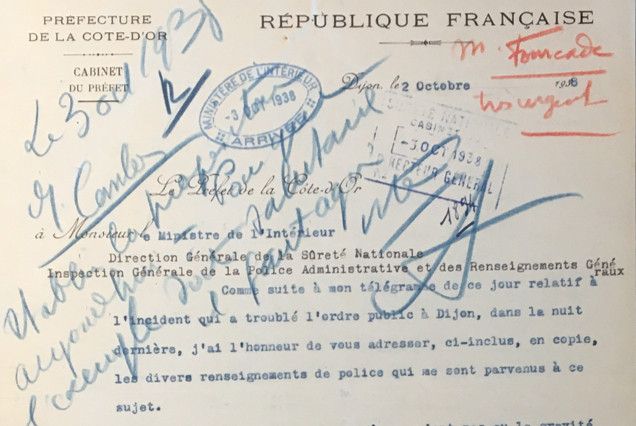 Letter from the Prefect of Côte-d'Or to the Minister of the Interior, October 2, 1938. Handwritten note: "October 3, 1938. Mr. Combes: draft the proposal [to expel the Lerners] today. To make the example effective, we must act quickly." Moscow Collection (National Security Service).