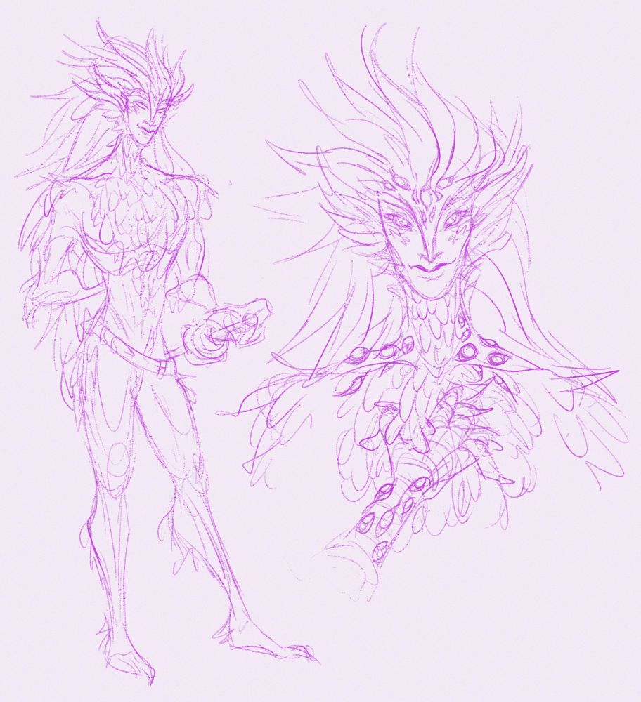 A digital illustration of a tall wide-shouldered aasimar. They have feathers all over their body, a bit like Howl from Howl's Moving Castle in his monster form. They have four fingers on each hand and their arms look like one of a bird. Do you know Davesprite? Yeah, exactly.